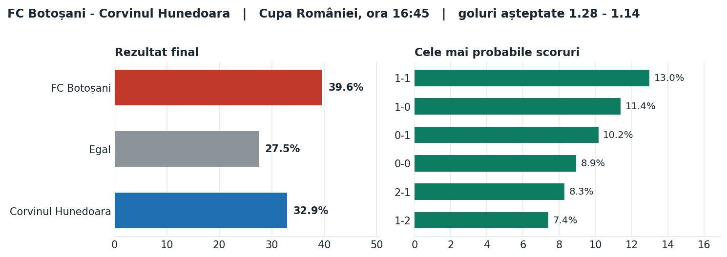 FC Botoșani vs Corvinul Hunedoara: probabilități pe rezultat și scorurile cele mai probabile