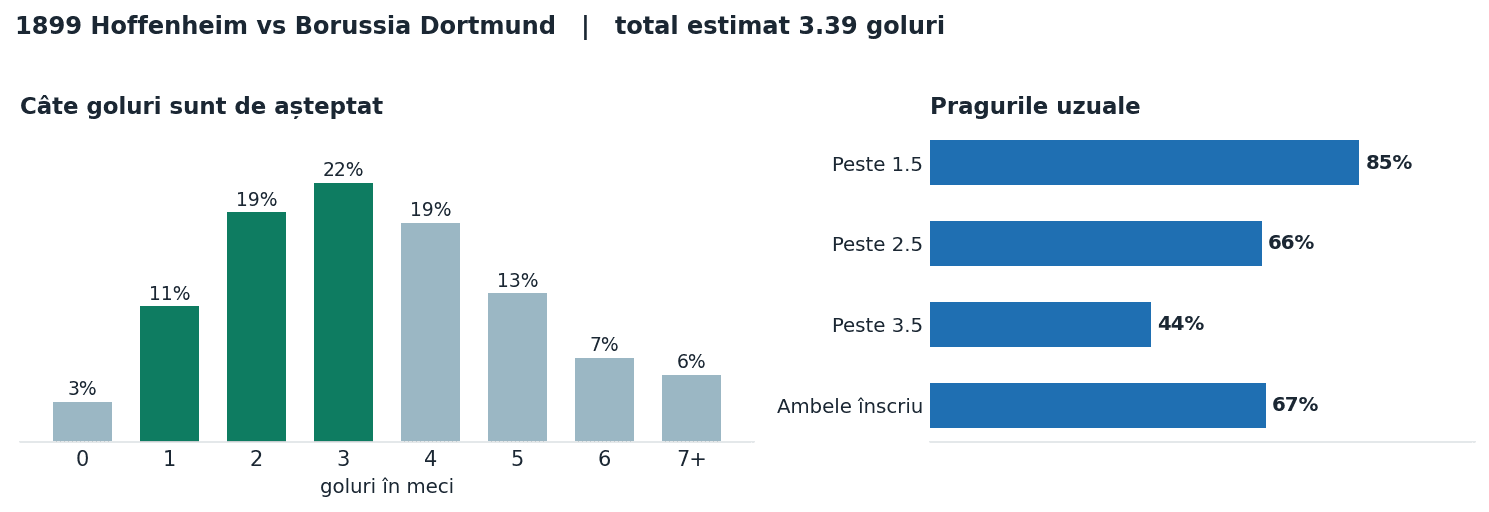 1899 Hoffenheim vs Borussia Dortmund: distribuția numărului de goluri și pragurile peste sub