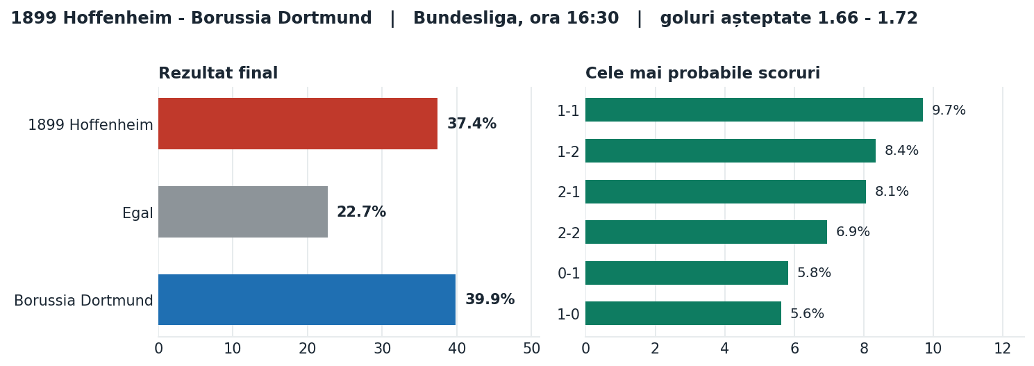 1899 Hoffenheim vs Borussia Dortmund: probabilități pe rezultat și scorurile cele mai probabile