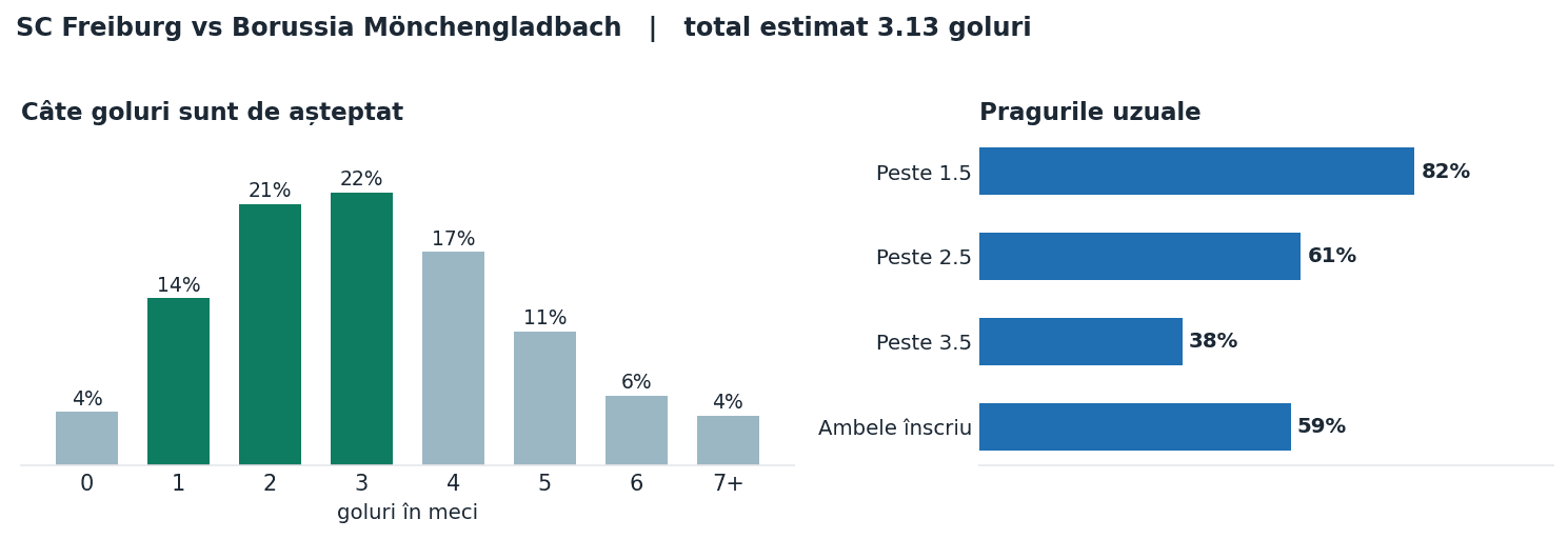 SC Freiburg vs Borussia Mönchengladbach: distribuția numărului de goluri și pragurile peste sub