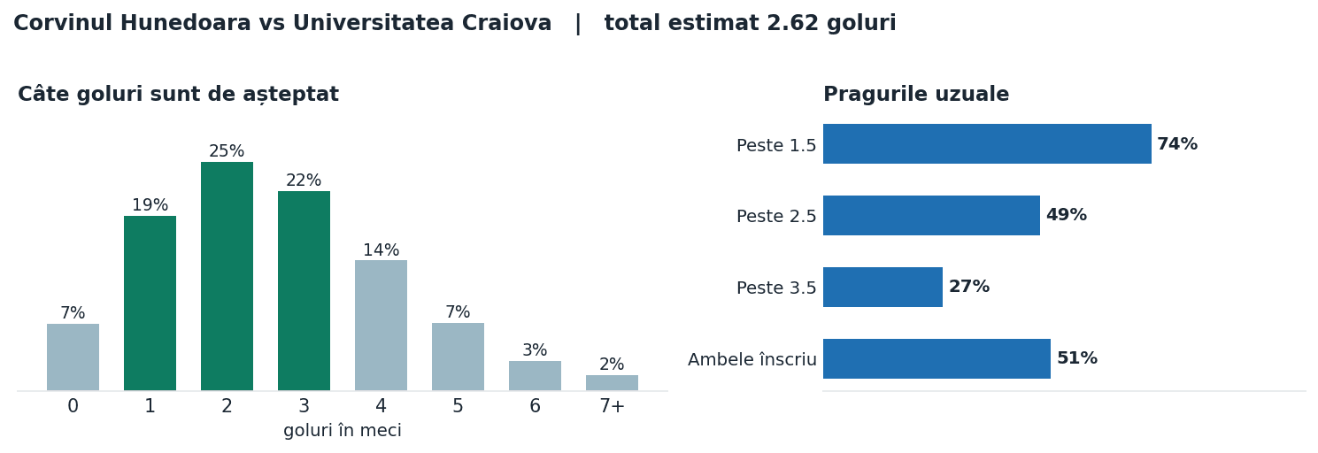 Corvinul Hunedoara vs Universitatea Craiova: distribuția numărului de goluri și pragurile peste sub