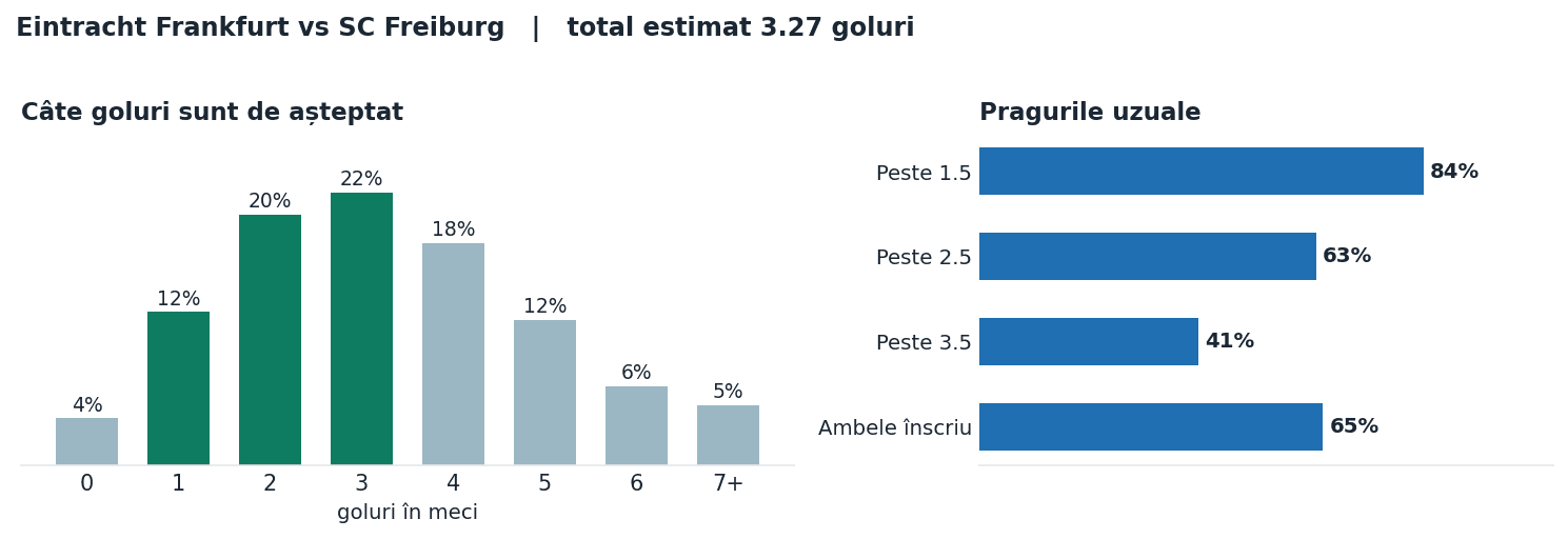 Eintracht Frankfurt vs SC Freiburg: distribuția numărului de goluri și pragurile peste sub