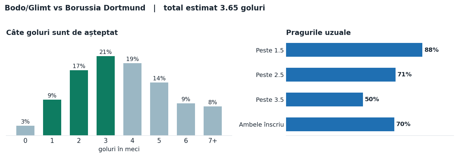 Bodo/Glimt vs Borussia Dortmund: distribuția numărului de goluri și pragurile peste sub