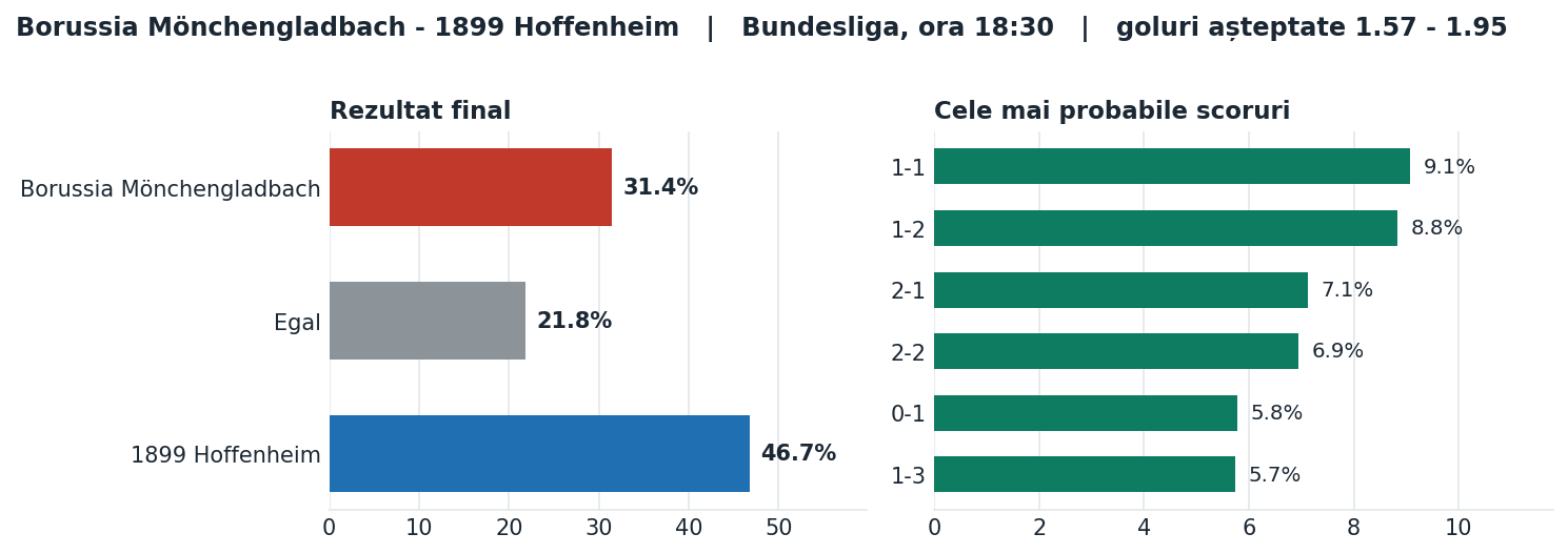 Borussia Mönchengladbach vs 1899 Hoffenheim: probabilități pe rezultat și scorurile cele mai probabile