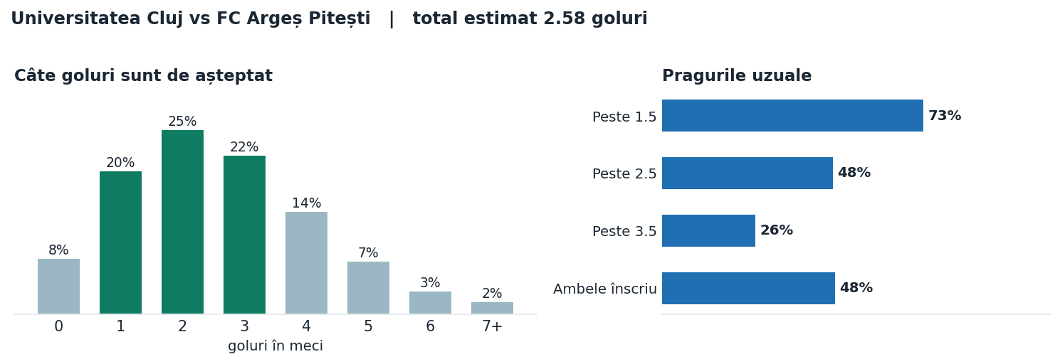Universitatea Cluj vs FC Argeș Pitești: distribuția numărului de goluri și pragurile peste sub