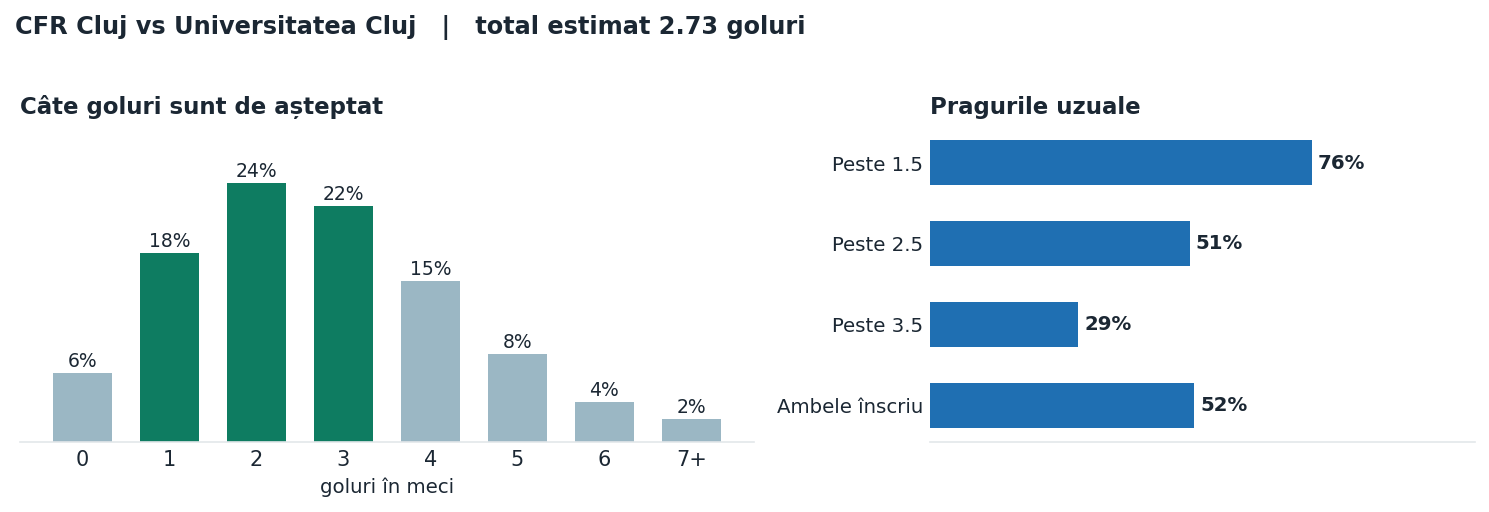 CFR Cluj vs Universitatea Cluj: distribuția numărului de goluri și pragurile peste sub